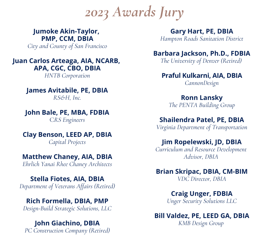 List of jurors: Jumoke Akin-Taylor, PMP, CCM, DBIA City and County of San Francisco Juan Carlos Arteaga, AIA, NCARB, APA, CGC, CBO, DBIA HNTB Corporation James Avitabile, PE, DBIA RS&H, Inc. John Bale, PE, MBA, FDBIA CRS Engineers Clay Benson, LEED AP, DBIA Capital Projects Matthew Chaney, AIA, DBIA Ehrlich Yanai Rhee Chaney Architects Stella Fiotes, AIA, DBIA Department of Veterans Affairs (Retired) Rich Formella, DBIA, PMP Design-Build Strategic Solutions, LLC John Giachino, DBIA PC Construction Company (Retired) Gary Hart, PE, DBIA Hampton Roads Sanitation District Barbara Jackson, Ph.D., FDBIA The University of Denver (Retired) Praful Kulkarni, AIA, DBIA CannonDesign Ronn Lansky The PENTA Building Group Shailendra Patel, PE, DBIA Virginia Department of Transportation Jim Ropelewski, JD, DBIA Curriculum and Resource Development Advisor, DBIA Brian Skripac, DBIA, CM-BIM VDC Director, DBIA Craig Unger, FDBIA Unger Security Solutions LLC Bill Valdez, PE, LEED GA, DBIA KMB Design Group 