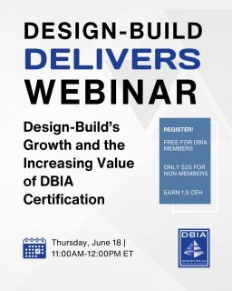 Design-build is growing across every market sector, and Owners are paying close attention to who's certified.

Join us on June 18, 2026 for a #DesignBuildDelivers Webinar on the value of becoming DBIA certified. 
Link in bio!

June 18 | 11 AM EDT | 1.0 CEH credit 

Free for members | $25 for non-members