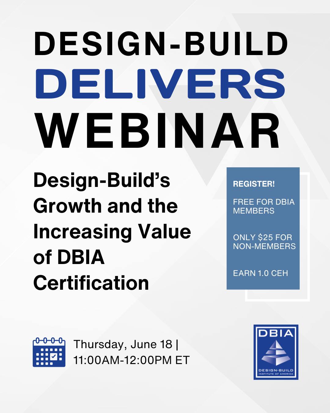 Design-build is growing across every market sector, and Owners are paying close attention to who's certified.

Join us on June 18, 2026 for a #DesignBuildDelivers Webinar on the value of becoming DBIA certified. 
Link in bio!

June 18 | 11 AM EDT | 1.0 CEH credit 

Free for members | $25 for non-members