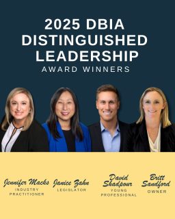 DBIA is thrilled to announce the 2025 Distinguished Leadership Award winners!
🏅 Jennifer Macks, PE, LEED AP, DBIA: Industry Practitioner
🏅 Britt Sanford: Owner
🏅 David Shadpour, PE, CPD, PMP, LEED AP, DBIA: Young Professional
🏅 Janice Zahn, PE, CCM: Legislator
Leadership in design-build doesn’t look the same everywhere. Sometimes it’s a legislator shaping the policy landscape. Sometimes it’s an Owner setting the tone for trust and partnership. That spectrum of leadership is what DBIA’s Distinguished Leadership Awards celebrate each year.
Get to know the honorees more in this #DesignBuildDelivers blog