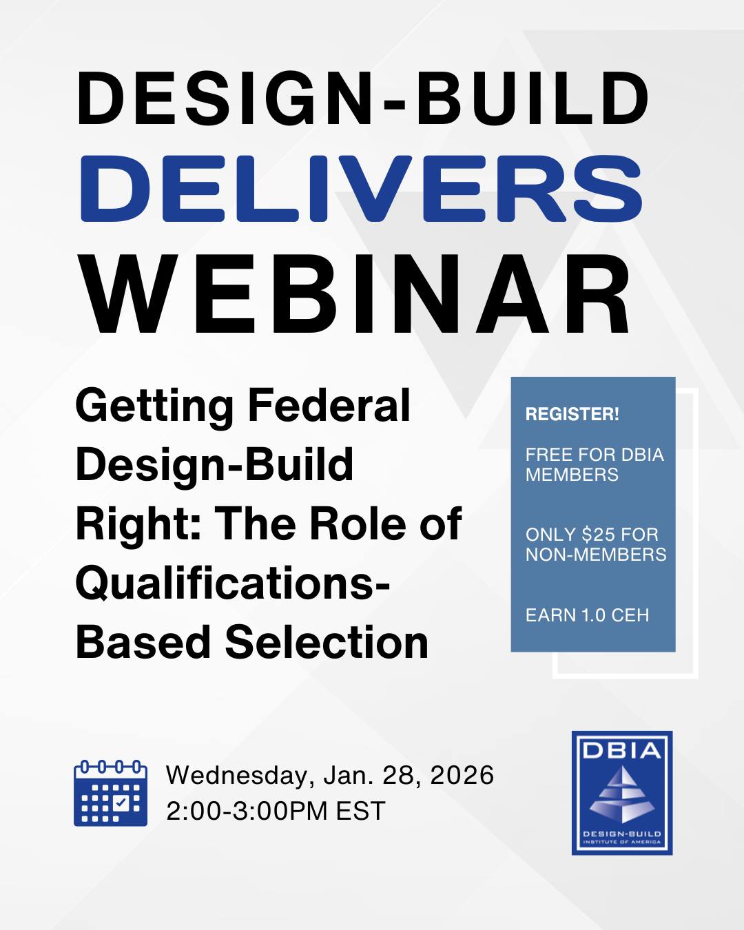 Better federal design-build starts with better selection.
On Jan. 28, DBIA’s Design-Build Delivers webinar takes a closer look at Qualifications-Based Selection (QBS) and its role in getting federal design-build right.
Featuring David Triplett, DBIA, Chief Contracting Officer with the FBI.
🗓 Jan. 28 | 2–3 p.m. ET
🎟 Free for DBIA members
🔗 Register via link in bio
#DesignBuildDelivers #DesignBuild #FederalConstruction #PublicOwners #QBS