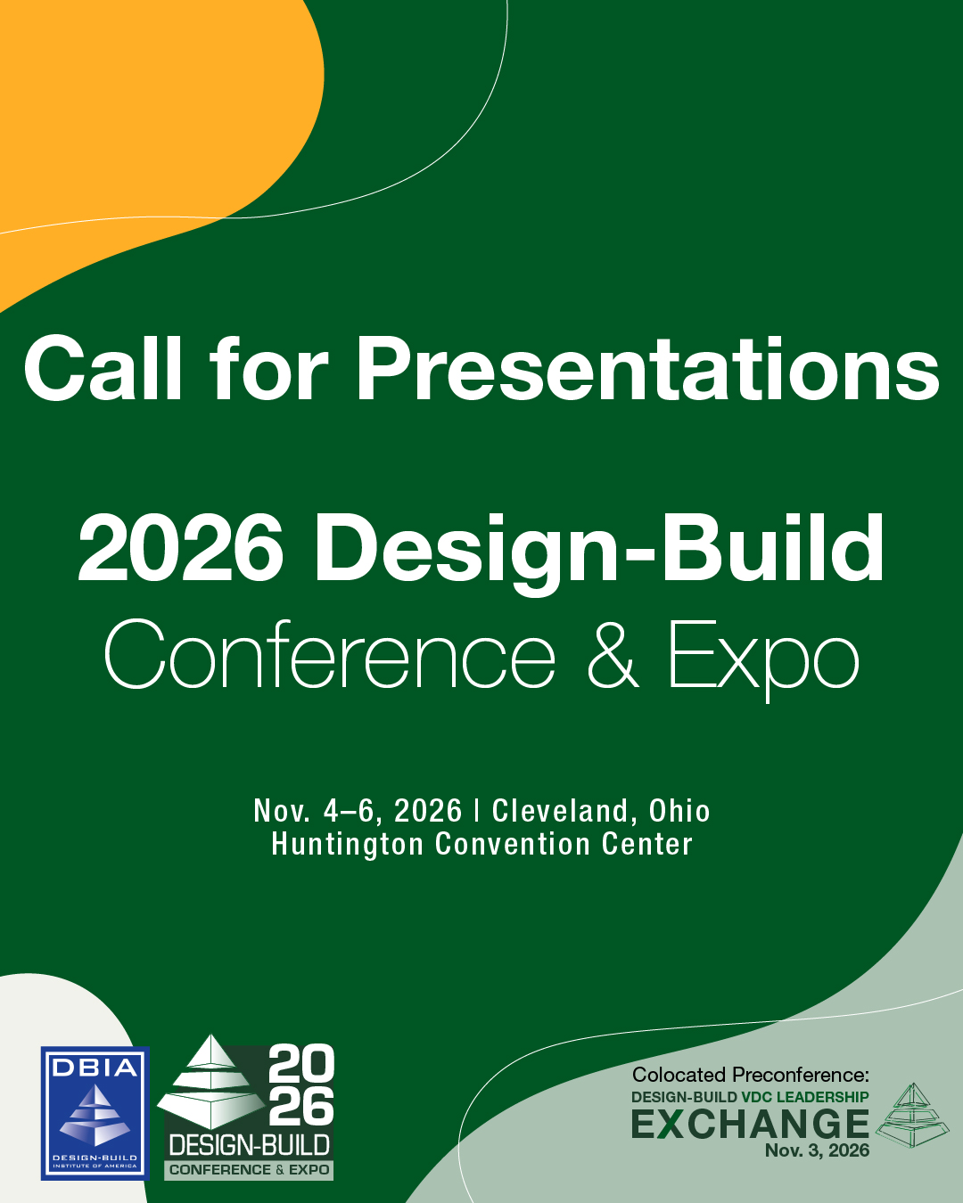 The 2026 Design-Build Conference & Expo and Virtual Design & Construction Leadership Exchange (#VDCLEx) head to Cleveland in November, and we’re looking for #designbuild professionals ready to share real-world insights, hard-earned lessons and forward-thinking strategies. 

Have a story that challenges assumptions? Lessons learned that others can build on? 
Submit your project today! Proposals accepted until Tuesday, April 21, 2026.