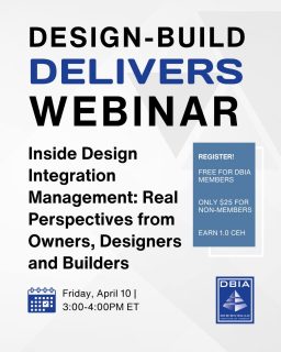 Hiring a dedicated Design Integration Managers has become more commonplace for #designbuild teams. Learn more about the role and its impact to the team in this #DesignBuildDelivers webinar, “Inside Design Integration Management: Real Perspectives from Owners, Designers and Builders,” happening April 10, 2026. 

Free for DBIA Members | $25 for non-members. Register today! Registration info available through the link in our bio.