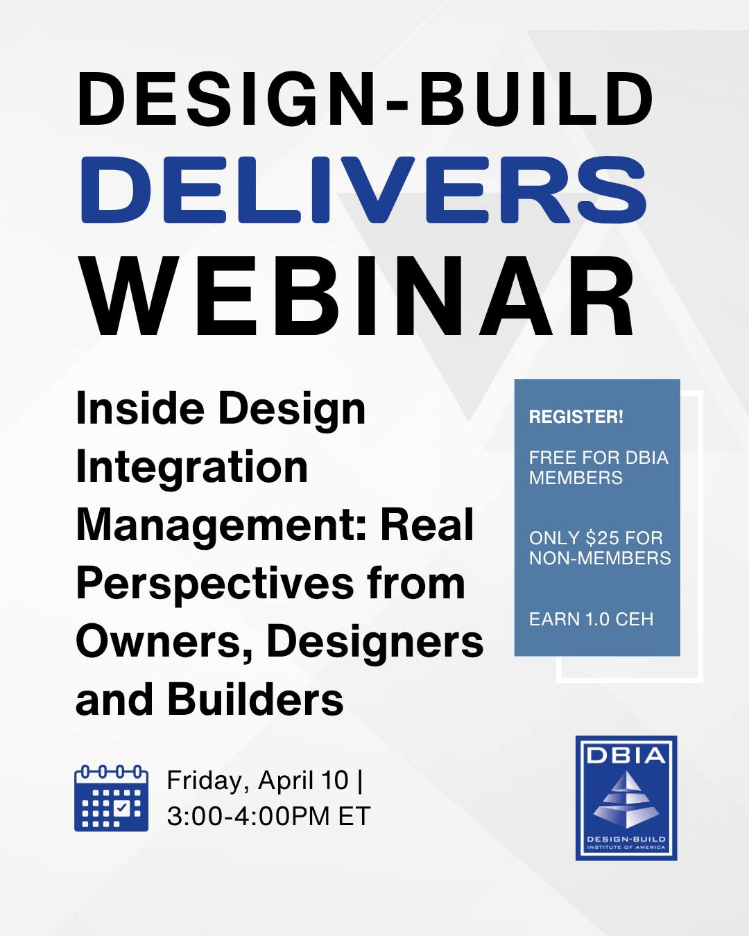 Hiring a dedicated Design Integration Managers has become more commonplace for #designbuild teams. Learn more about the role and its impact to the team in this #DesignBuildDelivers webinar, “Inside Design Integration Management: Real Perspectives from Owners, Designers and Builders,” happening April 10, 2026. 

Free for DBIA Members | $25 for non-members. Register today! Registration info available through the link in our bio.