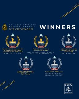 DBIA is excited to announce our team won five @thestevieawards from The American Business Awards in 2026 for Communications Leadership and Content Creation!

DBIA earned Stevie® Awards for the fourth consecutive year, with this year marking its highest total wins to date.

This year’s awards include: 
🏆Gold Stevie® Award: Danielle Hall, Advertising, Marketing & Public Relations Executive of the Year
🏆Gold Stevie® Award: Video (Public Service & Activism category) recognizing William E. Reifsteck II, FDBIA, CRIS, 2025 Brunelleschi Lifetime Achievement Award winner
🥈Silver Stevie® Award: @erinlooney11b, Communications Professional of the Year
🥈Silver Stevie® Award: @fredsy, Communications Professional of the Year
🥈Silver Stevie® Award: The #DesignBuildDelivers Podcast, Business Podcast category

This recognition reflects coordinated work across DBIA’s entire departments, which are aligned through clear strategy, consistent execution and practical information for members and the broader industry.