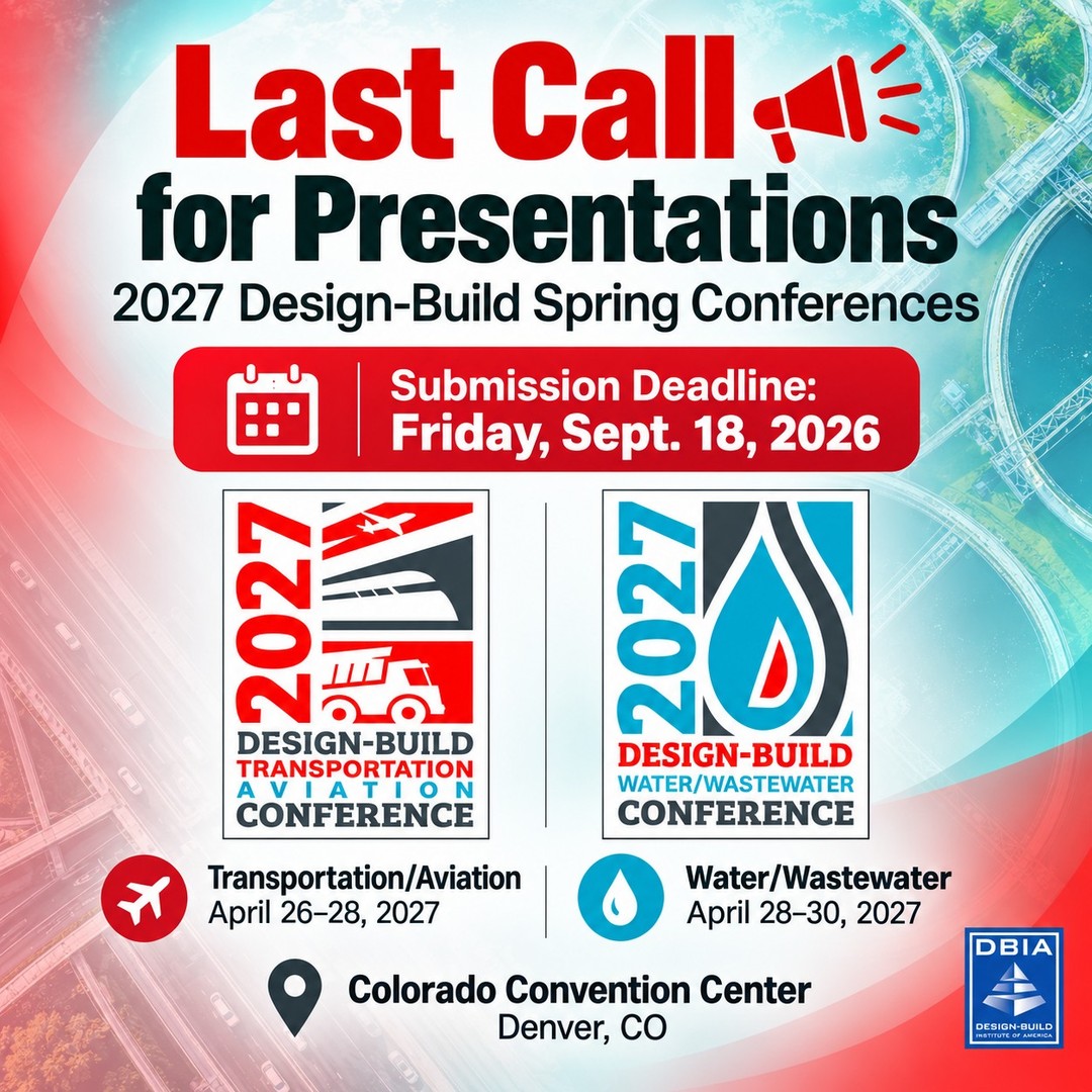This is your last call for presentations at the #DBIA Water/Wastewater and Transportation/Aviation Conferences happening in Denver this spring!

If you want to help shape the future of the design-build industry in both sectors, get your proposals in by Friday! 

Click the links in our bio to submit your presentation.