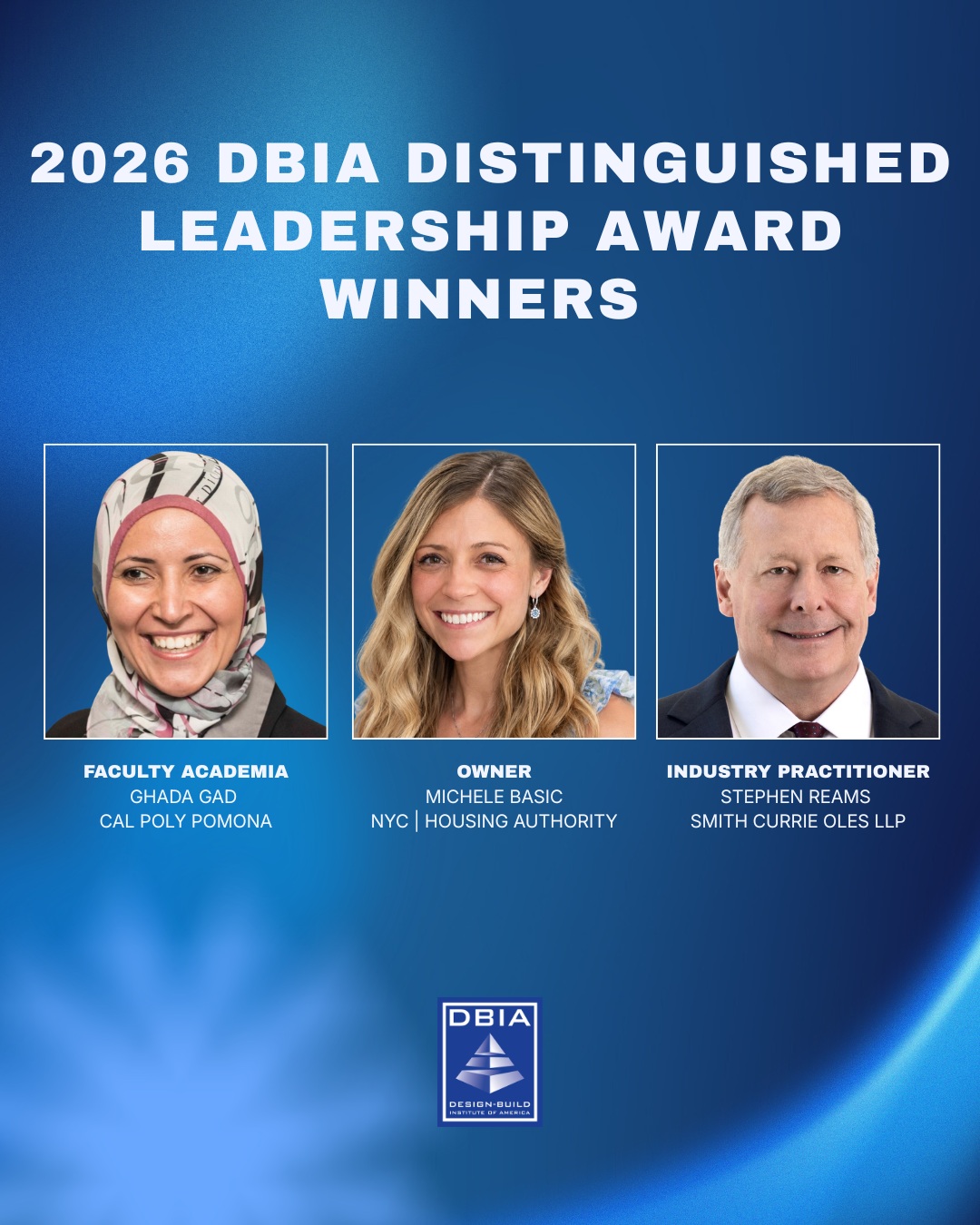 Congratulations to the 2026 Distinguished Leadership Award winners! 🏆
These three leaders have gone above and beyond to strengthen #designbuild project delivery and collaboration across our industry:
🏆 Faculty/Academia: Ghada Gad, PhD, Professor of Construction Engineering & Management, Cal Poly Pomona
🏆 Owner: Michele Basic, VP, Comprehensive Modernization, NYCHA
🏆 Industry practitioner: Stephen M. Reams, Assoc. DBIA, Partner, Smith Currie Oles LLP
Read more about their achievements at the link in our bio!
#DBIA #DesignBuild #DBIA2026 #ConstructionLeadership #AECIndustry #ConstructionIndustry