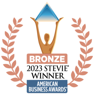 Award graphic; laurels and figure holding award; text says "Bronze 2023 Stevie Winner American Business Awards"