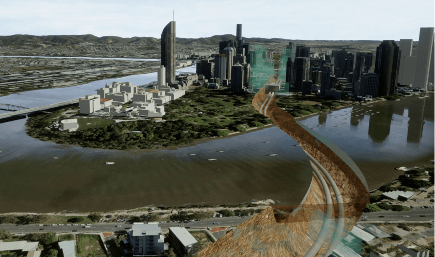 Digital rendering of Brisbane City with cross-section of infrastructure development (pipes and underground structures)