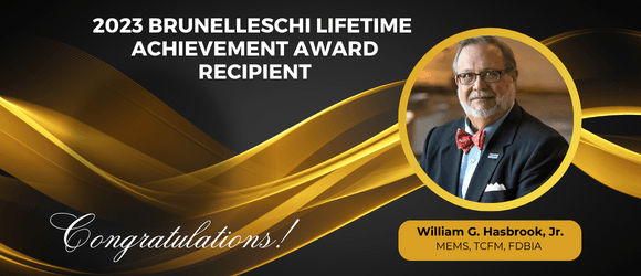 Graphic with Bill Habrook's headshot announcing him as the 2023 Brunelleschi Lifetime Achievement Award winner