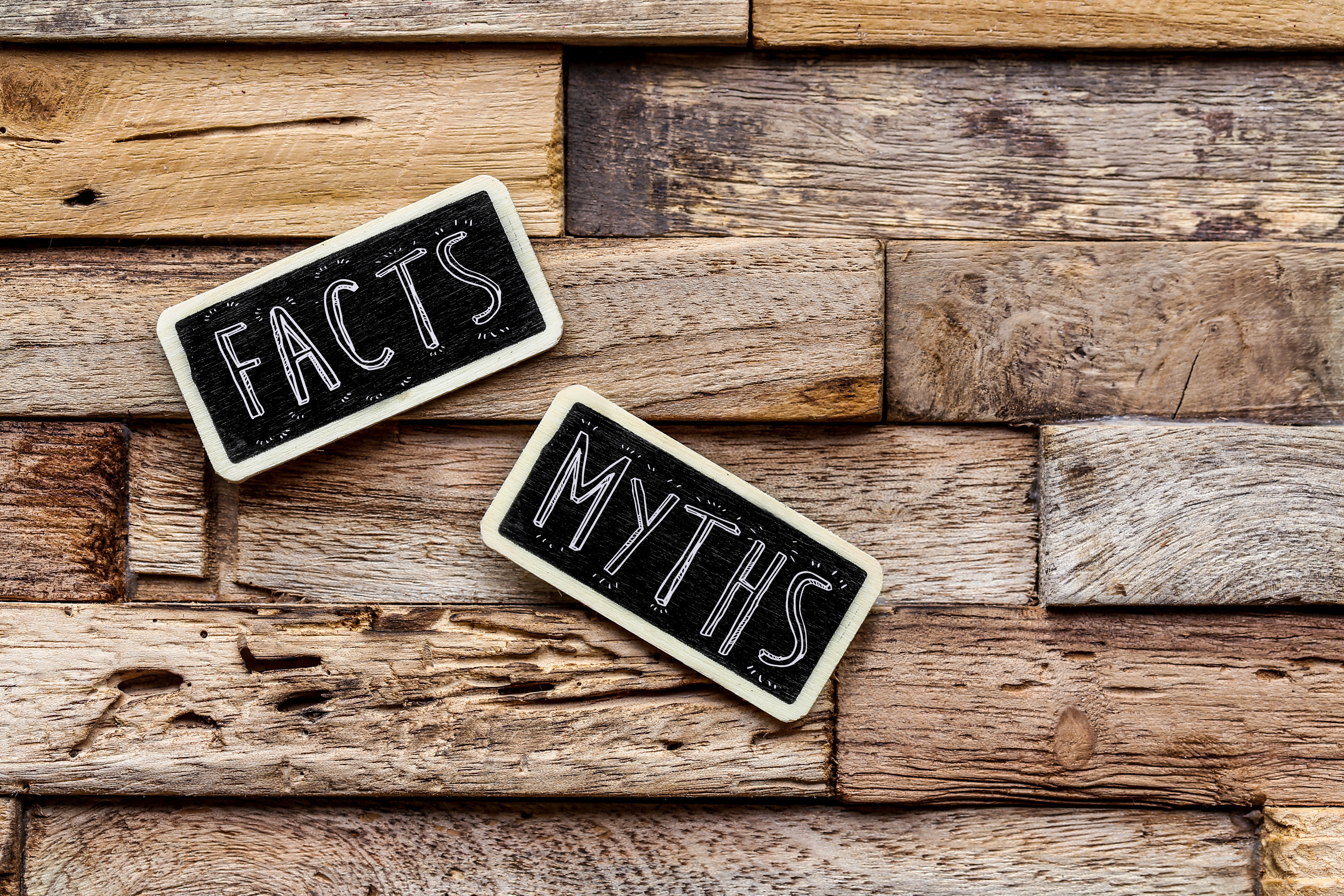 Decorative image of the words "Myths" and "Facts" written on two small chalkboards lying on a rustic wooden table