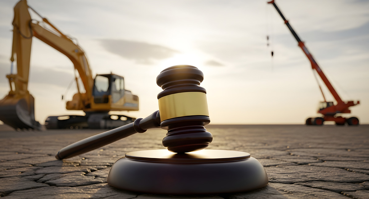 A gavel on a construction site with construction machines in the background